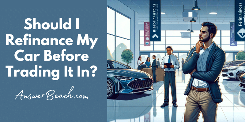 Blog post image of cartoon image of man at a car dealership looking at cars - Should I Refinance My Car Before Trading It In