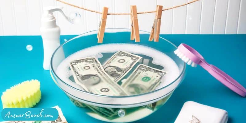 Dollar bills in a bowl of soap and water, cleaning supplies -- Can You Wash Money (Answered)